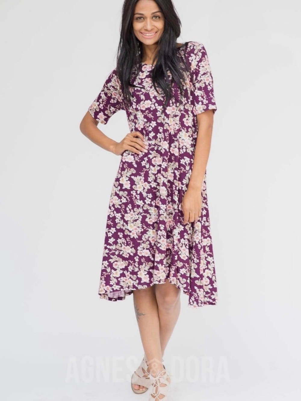 Purple Floral Short-Sleeve High-Low Dress